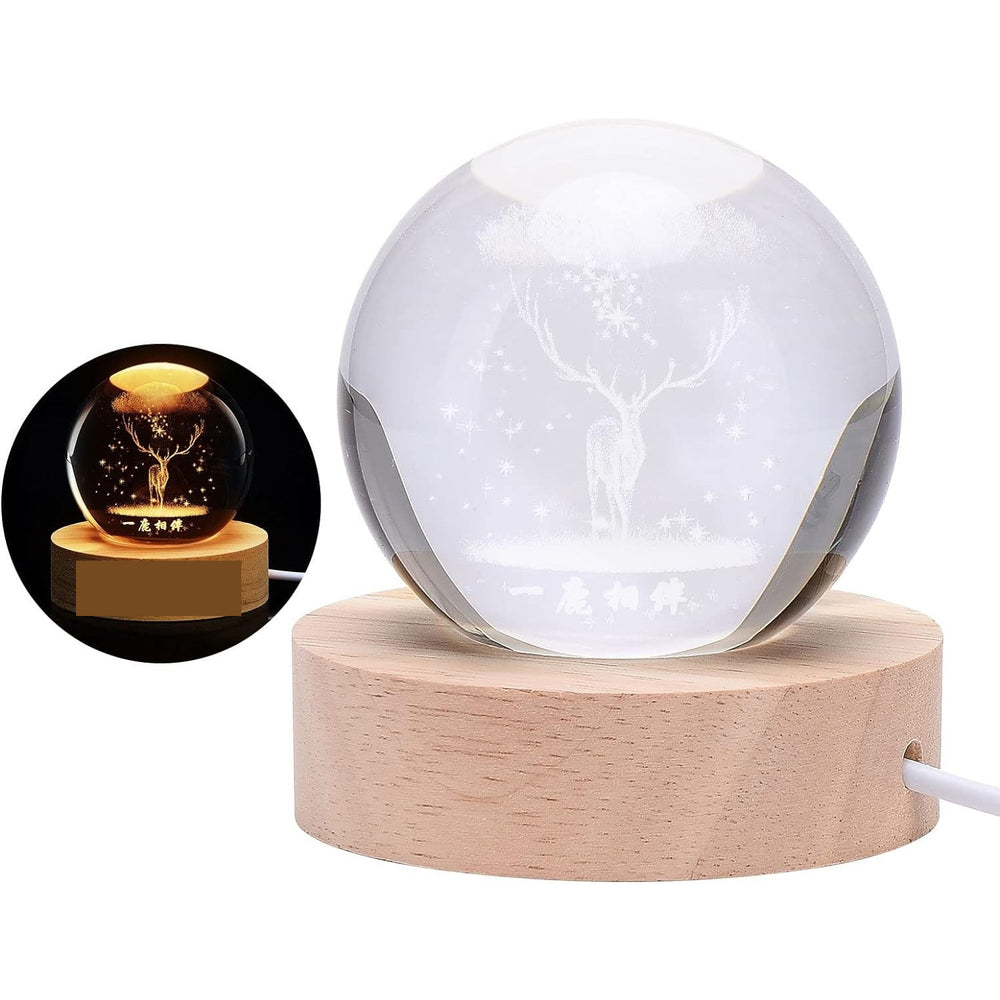 Lampa LED Decorativa, cu Bila de Cristal cu Diametru 6cm, Model Cerb 3D, Alimentare USB, Suport din Lemn, Lumina Alb Cald