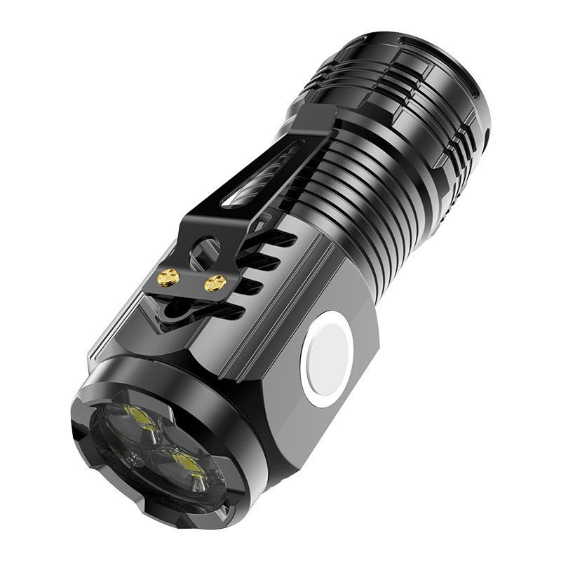 Lanterna cu 3 Nuclee Led, Incarcare USB, Autonomie 4-20h, Raza Maxima 100-200 m, 5W, 4 x 4 x 9 cm, Suport de Agatat, Fund Magnetic, Negru Galvanizat