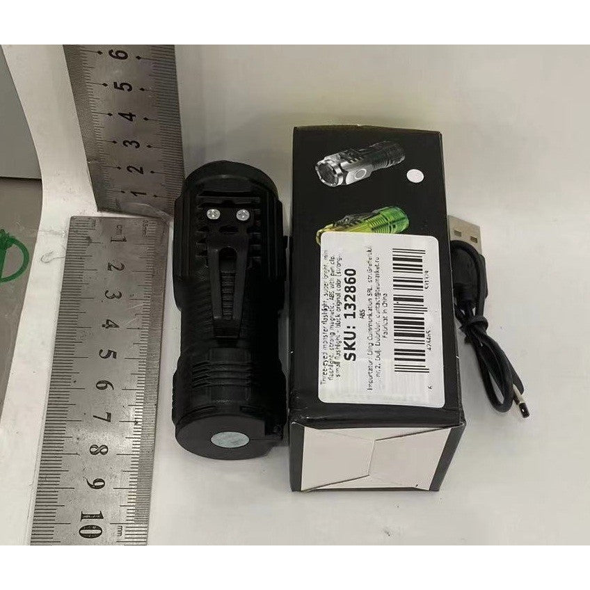 Lanterna cu 3 Nuclee Led, Incarcare USB, Autonomie 4-20h, Raza Maxima 100-200 m, 5W, 4 x 4 x 9 cm, Suport de Agatat, Fund Magnetic, Negru Galvanizat