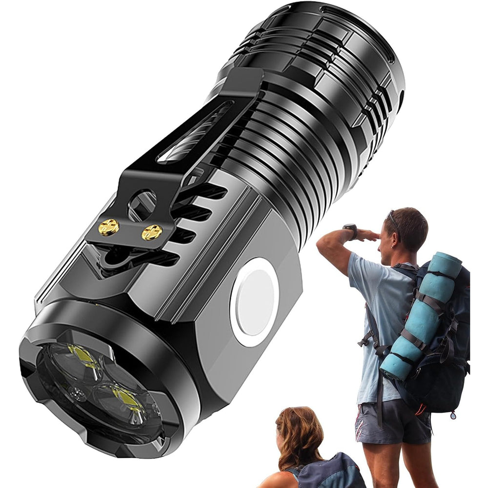 Lanterna cu 3 Nuclee Led, Incarcare USB, Autonomie 4-20h, Raza Maxima 100-200 m, 5W, 4 x 4 x 9 cm, Suport de Agatat, Fund Magnetic, Negru Galvanizat