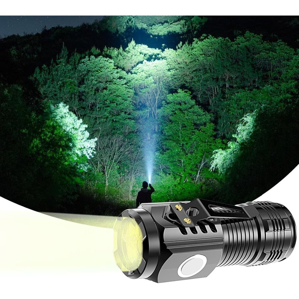 Lanterna cu 3 Nuclee Led, Incarcare USB, Autonomie 4-20h, Raza Maxima 100-200 m, 5W, 4 x 4 x 9 cm, Suport de Agatat, Fund Magnetic, Negru Galvanizat