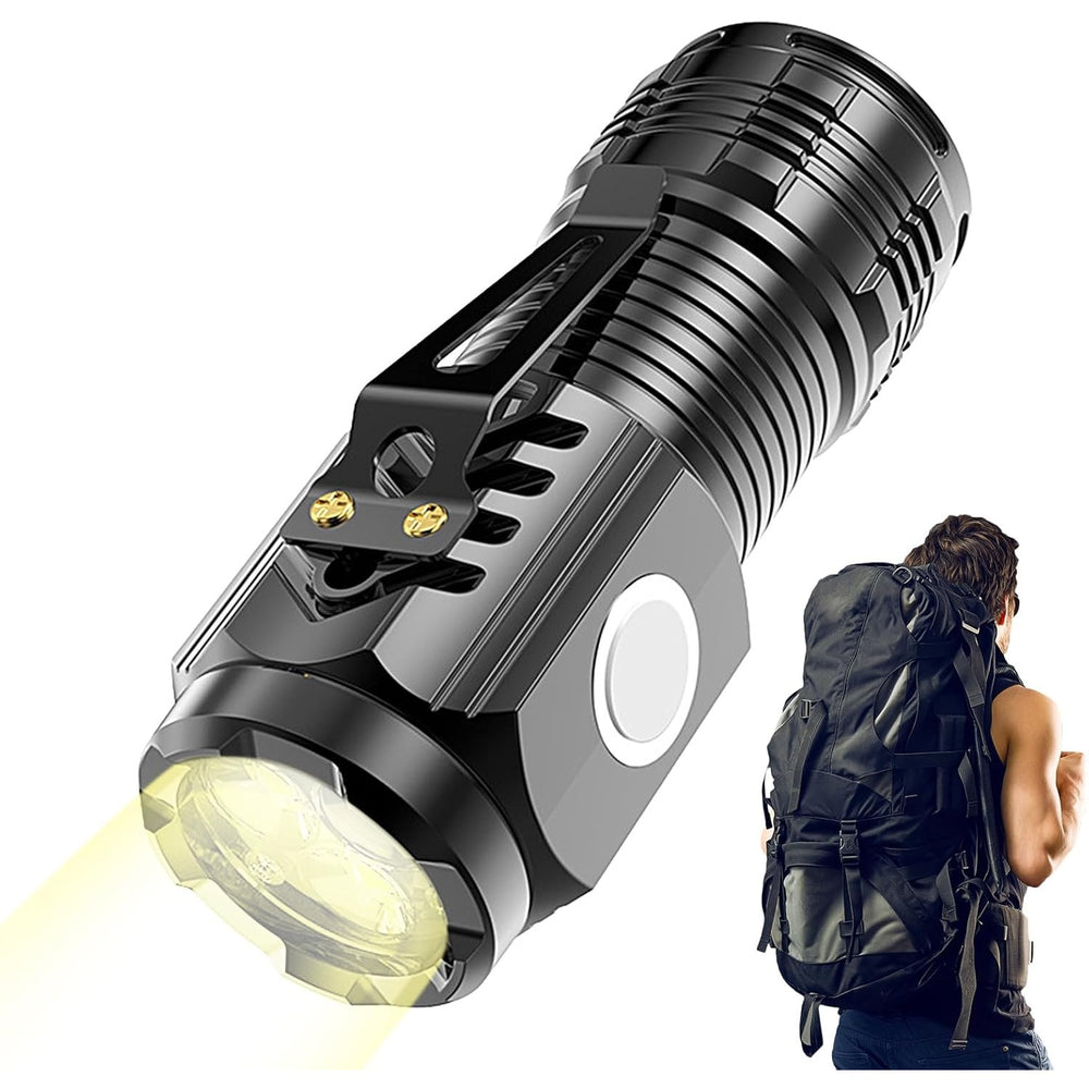 Lanterna cu 3 Nuclee Led, Incarcare USB, Autonomie 4-20h, Raza Maxima 100-200 m, 5W, 4 x 4 x 9 cm, Suport de Agatat, Fund Magnetic, Negru Galvanizat