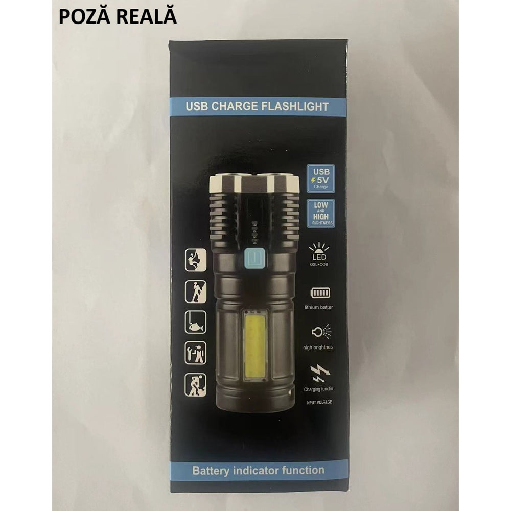 Lanterna LED Tactica 2 in 1, 4 Moduri de Iluminare, Tip Proiector COB, Rezistenta la Apa, Reincarcabila, USB, Lanterna de Drumetii, 13.6 x 5 cm, Negru