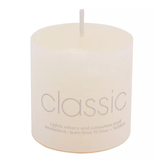 Lumanare Decorativa, din Parafina, Cilindrica, Fara Fum si Fara Parfum, 5 x 5 cm, 90 g, Ardere 12h, Ivory Alb