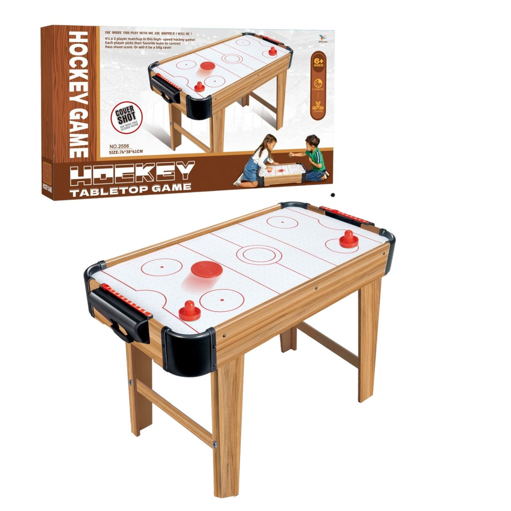 Masa Air Hockey Graffiti cu Picioare Lungi, Lemn, 2 Pucuri, Tabela Scor, 2 Impingatoare, 76x38x61 cm, Maro