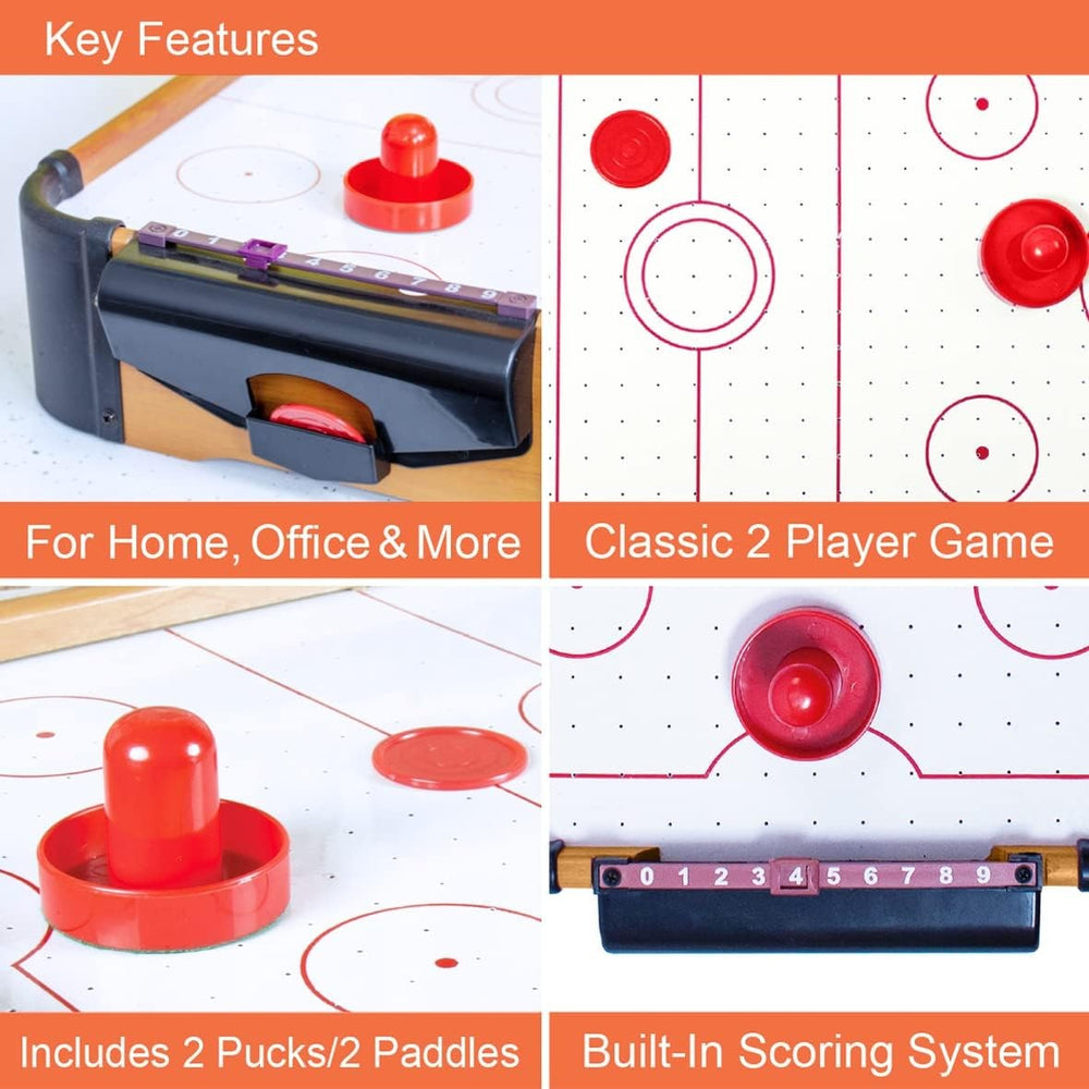 Masa Air Hockey Graffiti cu Picioare Lungi, Lemn, 2 Pucuri, Tabela Scor, 2 Impingatoare, 76x38x61 cm, Maro
