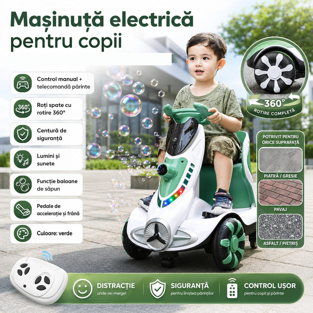 Masinuta Electrica cu Telecomanda pentru Copii, Rotire 360, Curea Siguranta, Baloane de Sapun, Lumini si Sunete, Self Control si Telecomanda, Pedale de Acceleratie si Frana, 64x62x46 cm, Verde