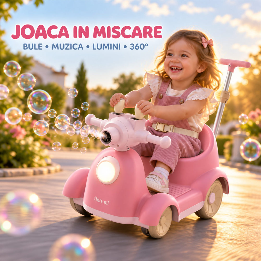 Masinuta Electrica Pentru Copii, Cu Telecomanda, Rotire 360°, Bule De Sapun, Bluetooth, Muzica si Lumini, Maner Telescopic, Roz