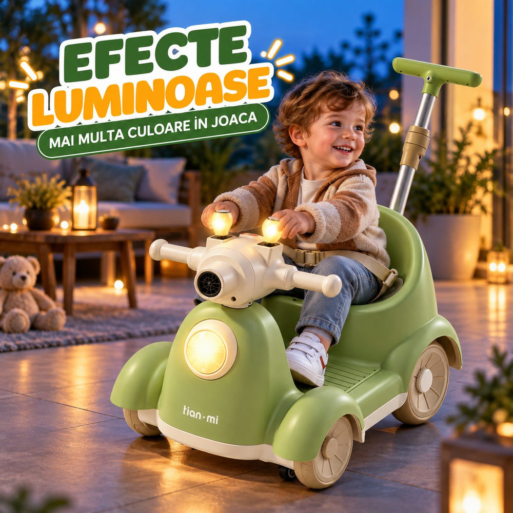 Masinuta Electrica Pentru Copii, Cu Telecomanda, Rotire 360°, Bule De Sapun, Bluetooth, Muzica si Lumini, Maner Telescopic, Verde