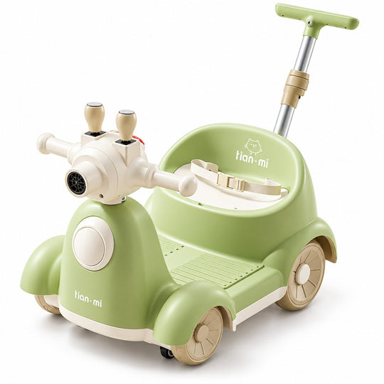 Masinuta Electrica Pentru Copii, Cu Telecomanda, Rotire 360°, Bule De Sapun, Bluetooth, Muzica si Lumini, Maner Telescopic, Verde
