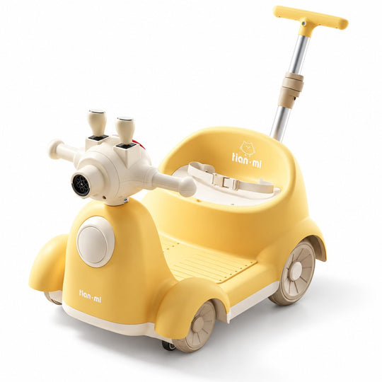 Masinuta Electrica Pentru Copii, Cu Telecomanda, Rotire 360°, Bule De Sapun, Bluetooth, Muzica si Lumini, Maner Telescopic, Galben