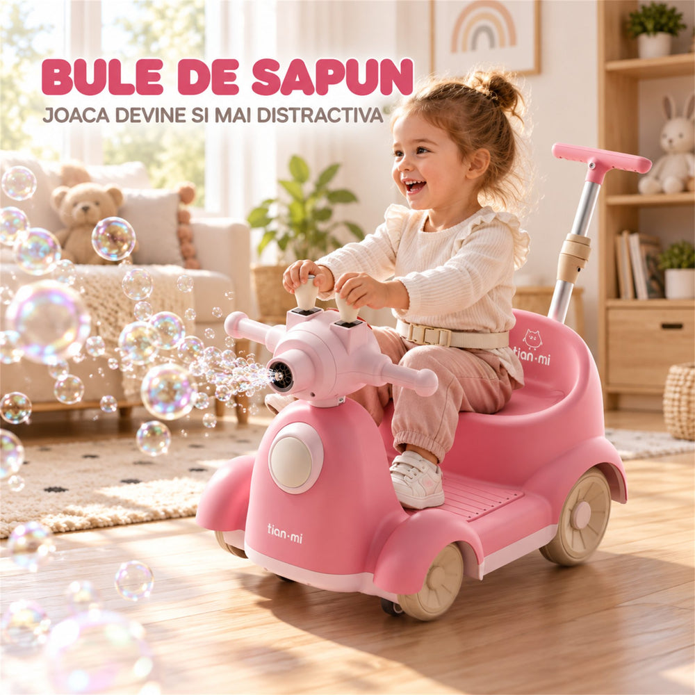 Masinuta Electrica Pentru Copii, Cu Telecomanda, Rotire 360°, Bule De Sapun, Bluetooth, Muzica si Lumini, Maner Telescopic, Roz