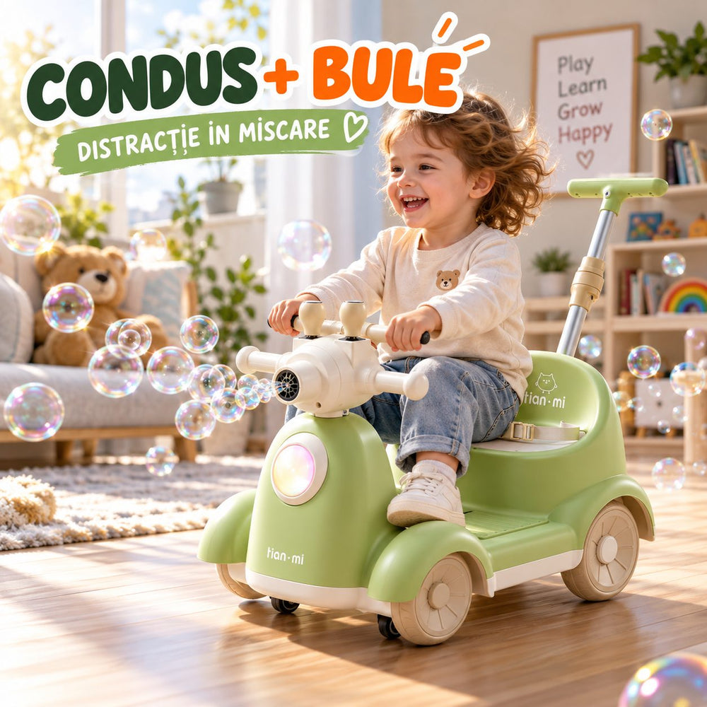 Masinuta Electrica Pentru Copii, Cu Telecomanda, Rotire 360°, Bule De Sapun, Bluetooth, Muzica si Lumini, Maner Telescopic, Verde