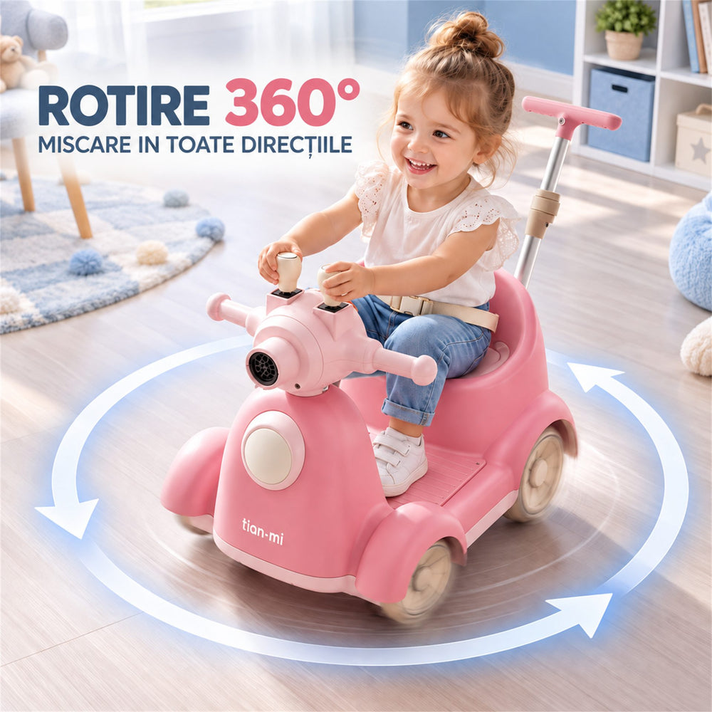 Masinuta Electrica Pentru Copii, Cu Telecomanda, Rotire 360°, Bule De Sapun, Bluetooth, Muzica si Lumini, Maner Telescopic, Roz