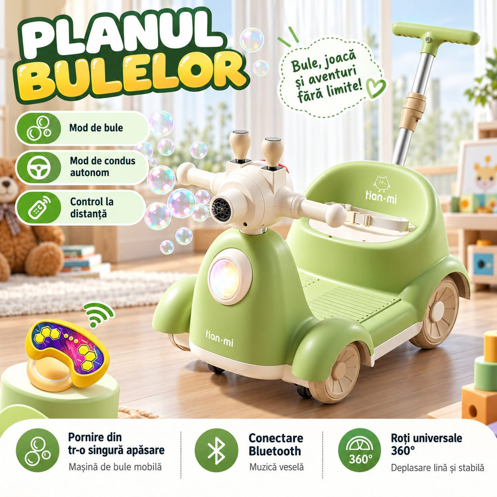 Masinuta Electrica Pentru Copii, Cu Telecomanda, Rotire 360°, Bule De Sapun, Bluetooth, Muzica si Lumini, Maner Telescopic, Verde