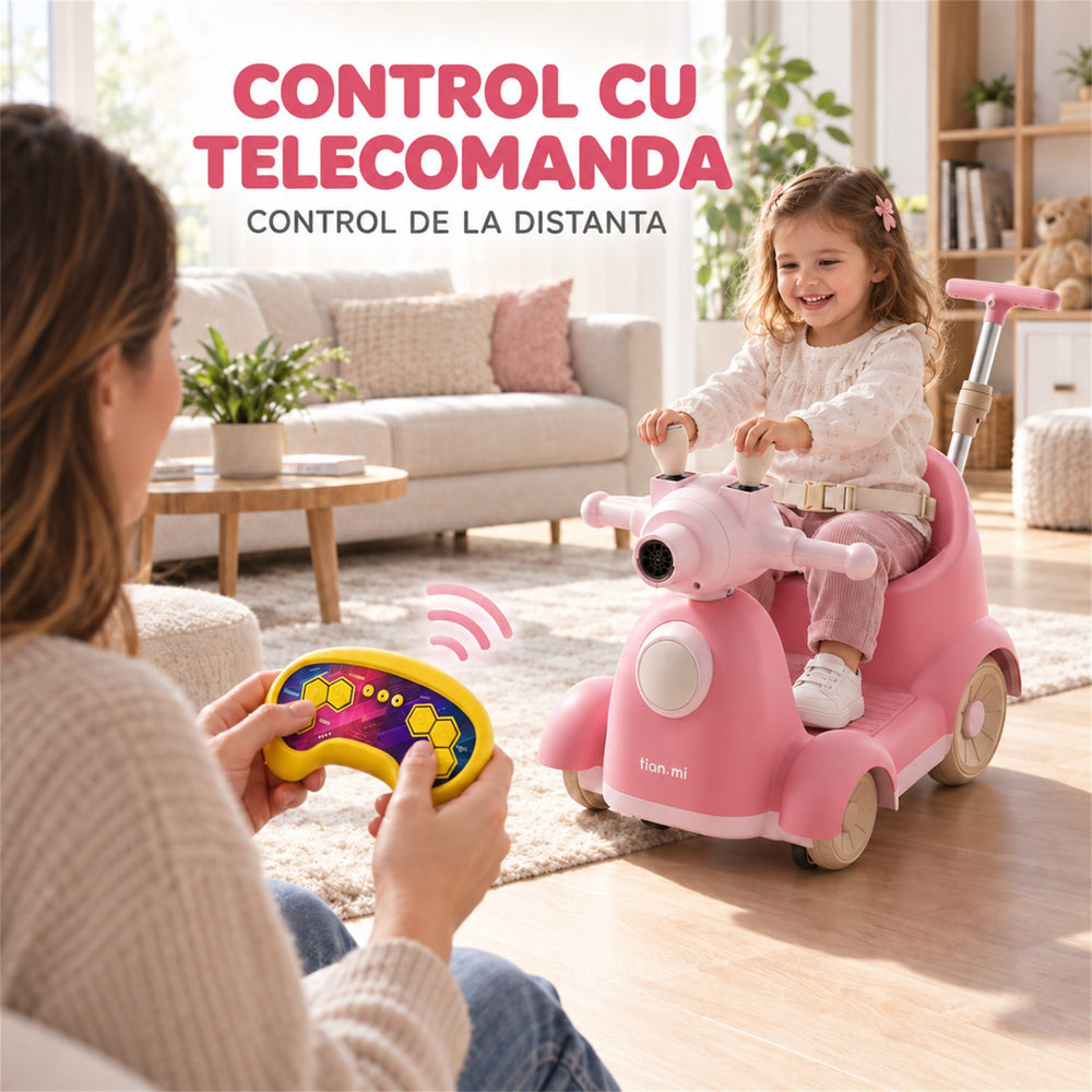 Masinuta Electrica Pentru Copii, Cu Telecomanda, Rotire 360°, Bule De Sapun, Bluetooth, Muzica si Lumini, Maner Telescopic, Roz