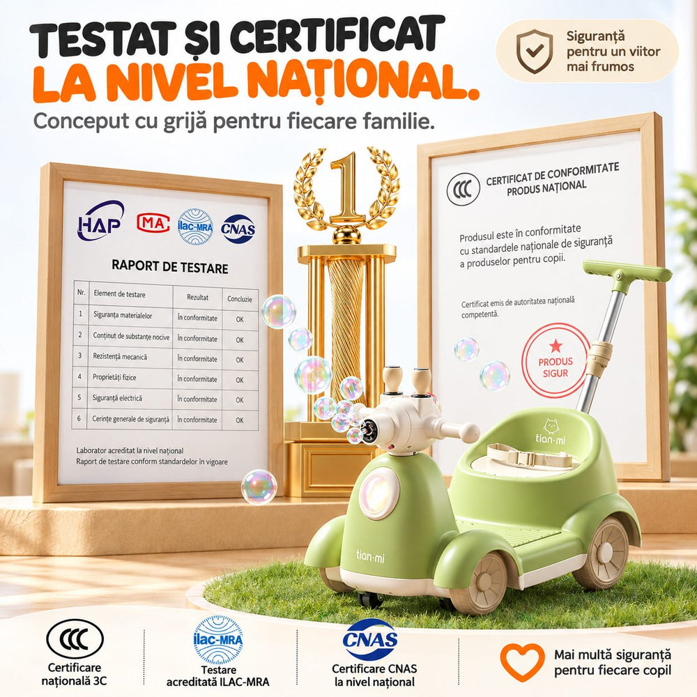 Masinuta Electrica Pentru Copii, Cu Telecomanda, Rotire 360°, Bule De Sapun, Bluetooth, Muzica si Lumini, Maner Telescopic, Verde