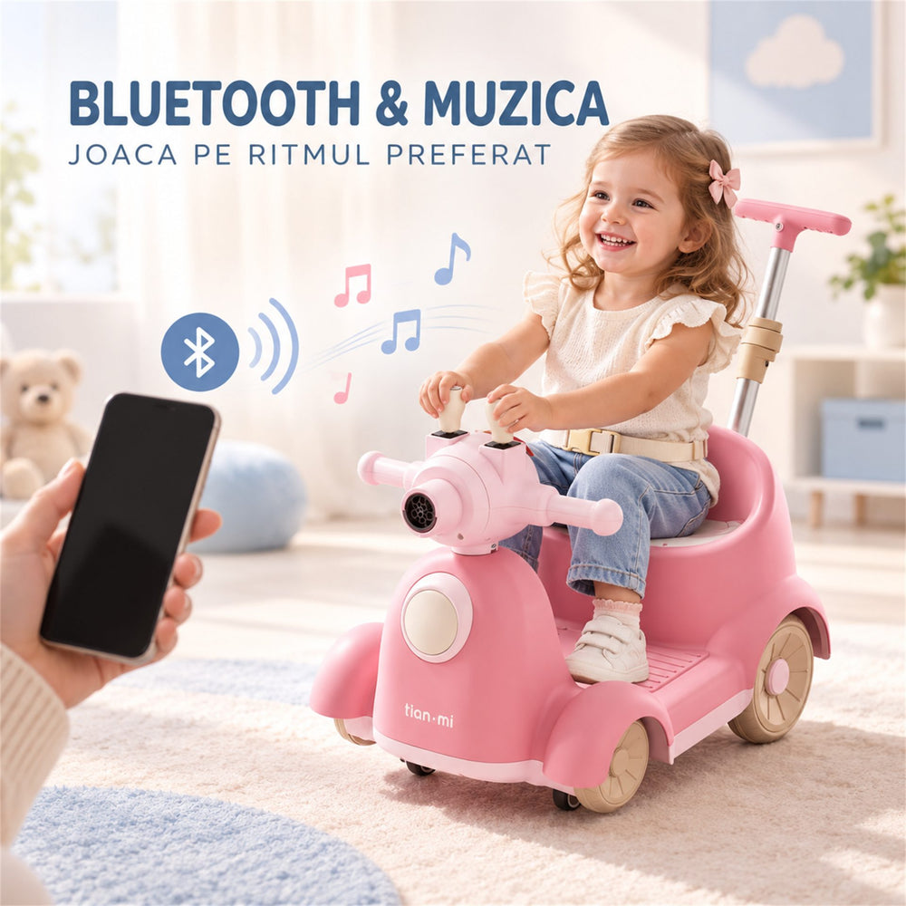Masinuta Electrica Pentru Copii, Cu Telecomanda, Rotire 360°, Bule De Sapun, Bluetooth, Muzica si Lumini, Maner Telescopic, Roz