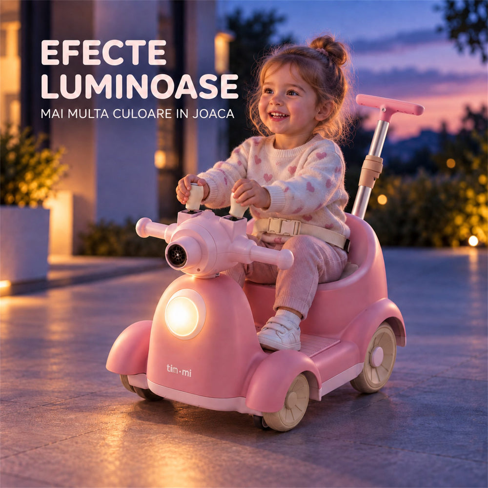 Masinuta Electrica Pentru Copii, Cu Telecomanda, Rotire 360°, Bule De Sapun, Bluetooth, Muzica si Lumini, Maner Telescopic, Roz
