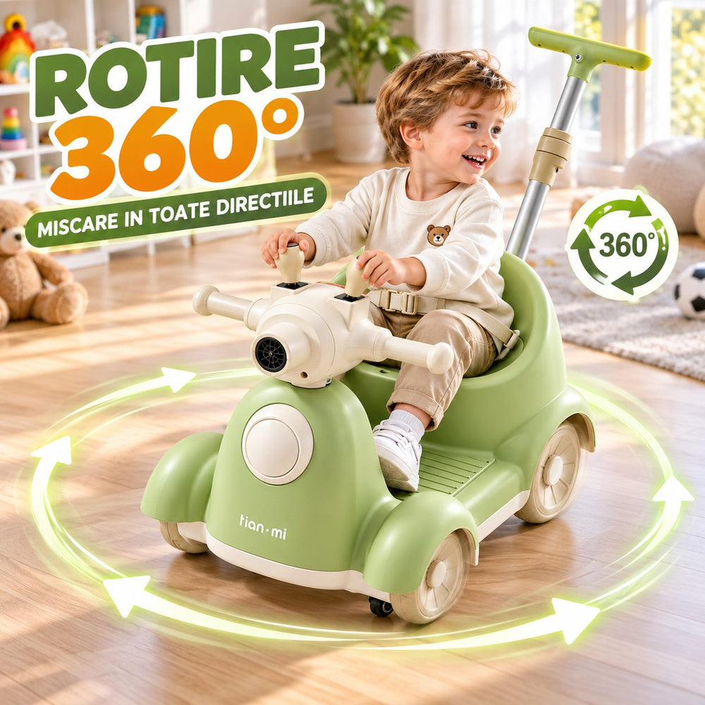 Masinuta Electrica Pentru Copii, Cu Telecomanda, Rotire 360°, Bule De Sapun, Bluetooth, Muzica si Lumini, Maner Telescopic, Verde