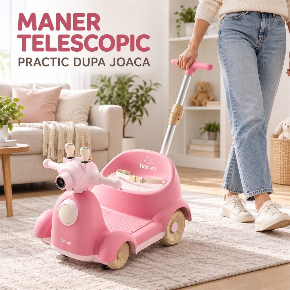 Masinuta Electrica Pentru Copii, Cu Telecomanda, Rotire 360°, Bule De Sapun, Bluetooth, Muzica si Lumini, Maner Telescopic, Roz