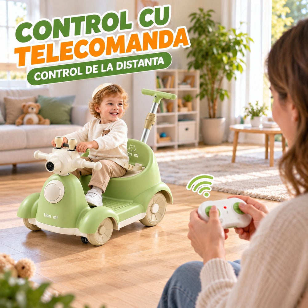 Masinuta Electrica Pentru Copii, Cu Telecomanda, Rotire 360°, Bule De Sapun, Bluetooth, Muzica si Lumini, Maner Telescopic, Verde