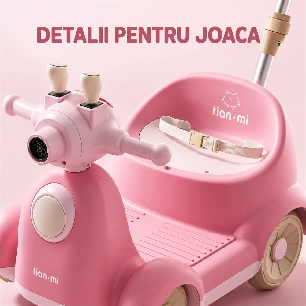 Masinuta Electrica Pentru Copii, Cu Telecomanda, Rotire 360°, Bule De Sapun, Bluetooth, Muzica si Lumini, Maner Telescopic, Roz