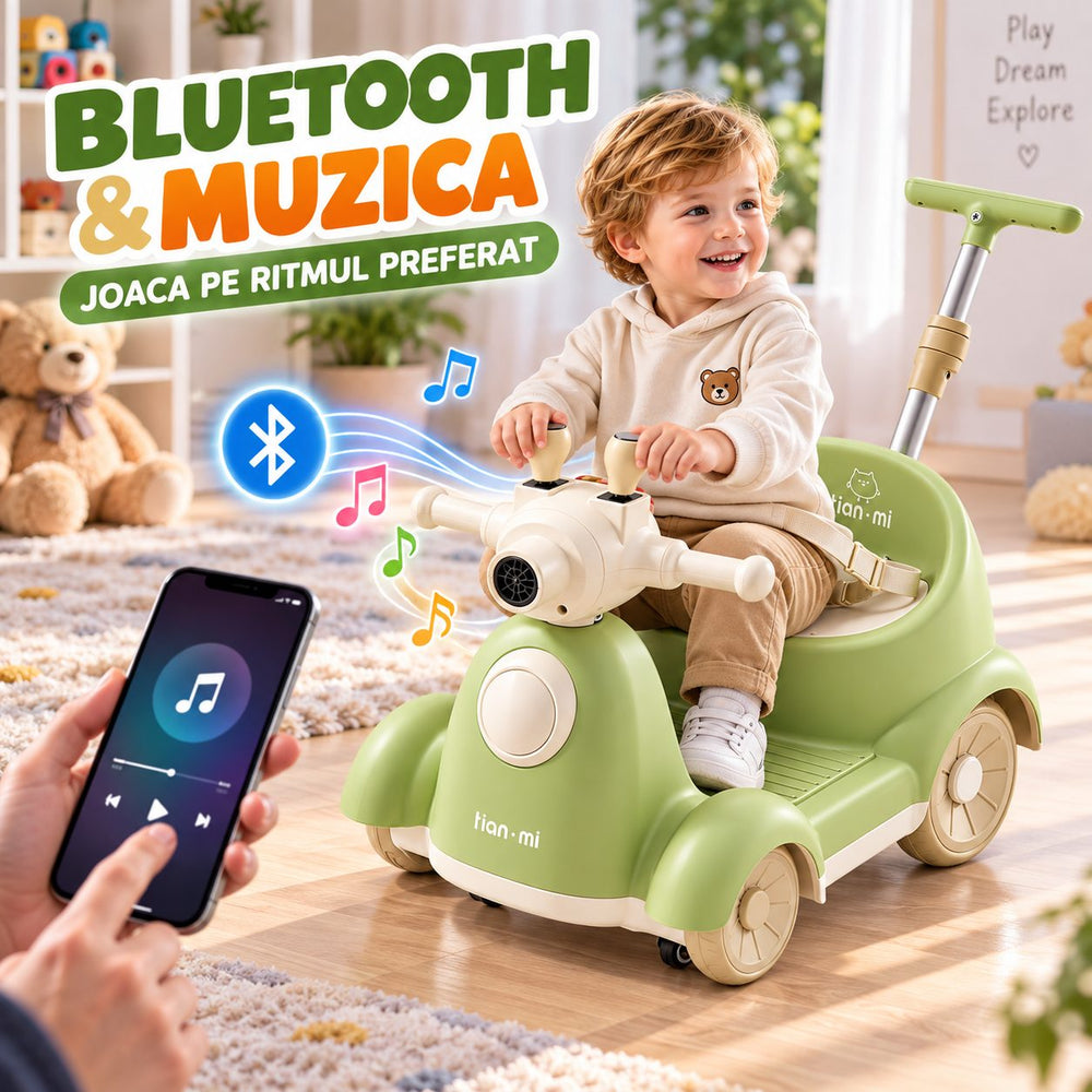 Masinuta Electrica Pentru Copii, Cu Telecomanda, Rotire 360°, Bule De Sapun, Bluetooth, Muzica si Lumini, Maner Telescopic, Verde
