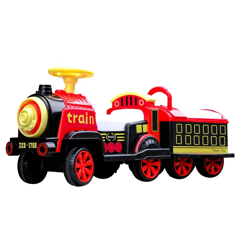 Masinuta Electrica, Tip Trenulet cu Vagon Detasabil, Pentru 2 Persoane, cu Telecomanda, Lumini si Sunete, Locomotiva cu Vapori de Abur, 1-6 Ani, 46 x 33 x 72 cm, Rosu