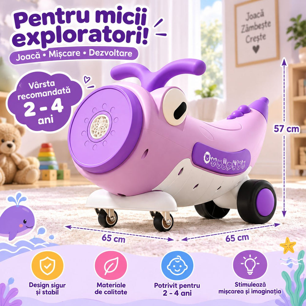 Masinuta Ride-On Pentru Copii, Cu Bule De Sapun, Roti 360°, Muzica si Lumini, Ghidon, 2-4 Ani, 65x65x57 cm, Mov