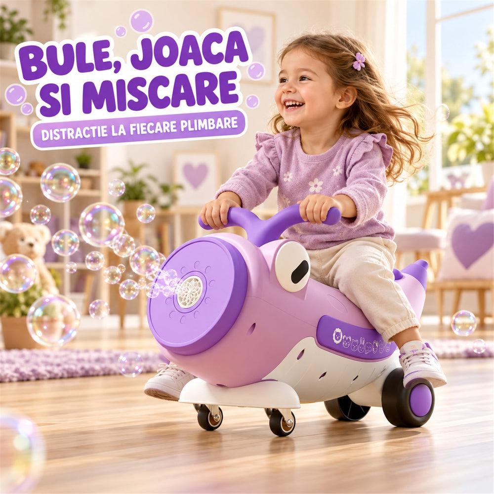 Masinuta Ride-On Pentru Copii, Cu Bule De Sapun, Roti 360°, Muzica si Lumini, Ghidon, 2-4 Ani, 65x65x57 cm, Mov
