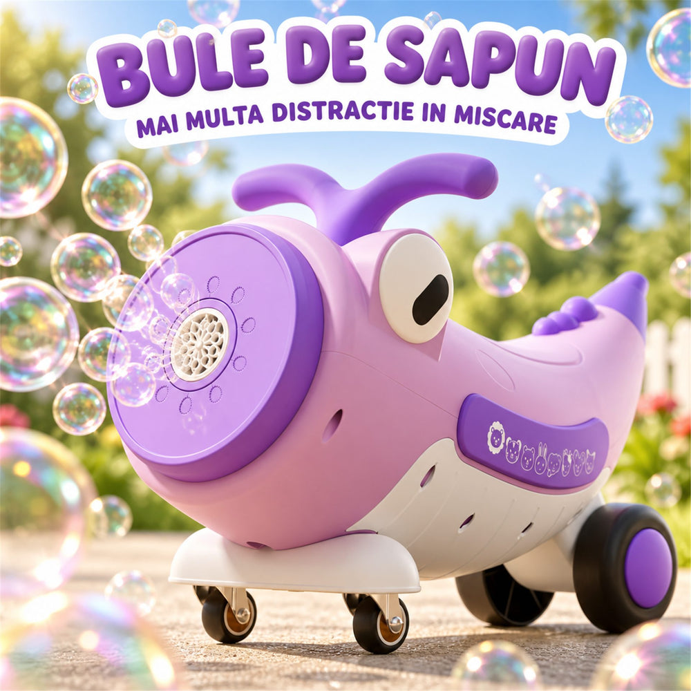Masinuta Ride-On Pentru Copii, Cu Bule De Sapun, Roti 360°, Muzica si Lumini, Ghidon, 2-4 Ani, 65x65x57 cm, Mov