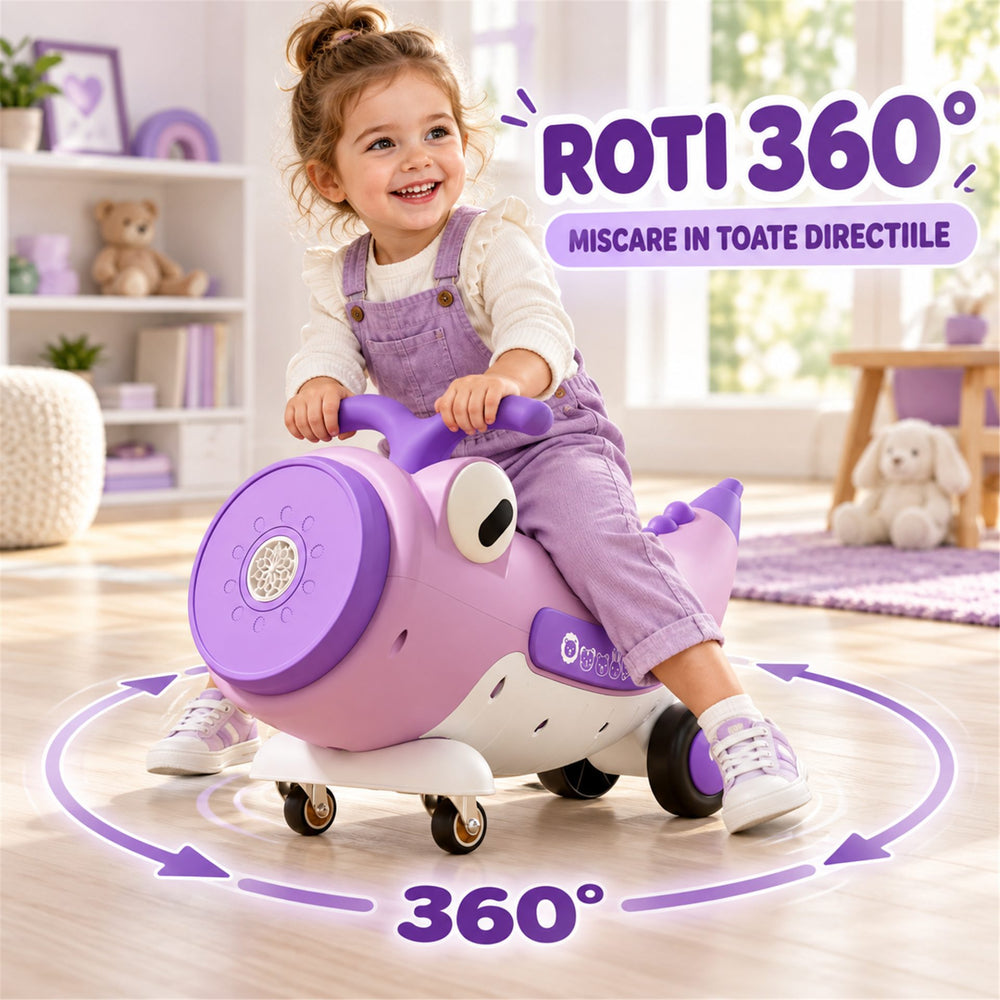 Masinuta Ride-On Pentru Copii, Cu Bule De Sapun, Roti 360°, Muzica si Lumini, Ghidon, 2-4 Ani, 65x65x57 cm, Mov