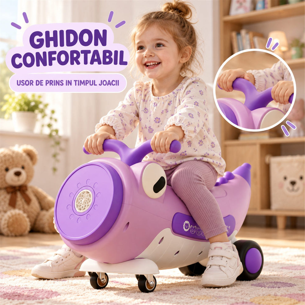 Masinuta Ride-On Pentru Copii, Cu Bule De Sapun, Roti 360°, Muzica si Lumini, Ghidon, 2-4 Ani, 65x65x57 cm, Mov