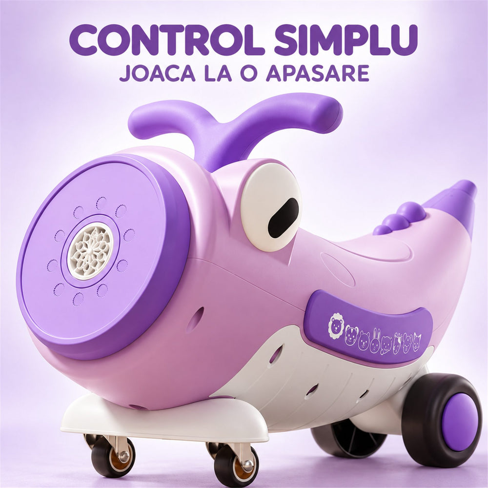 Masinuta Ride-On Pentru Copii, Cu Bule De Sapun, Roti 360°, Muzica si Lumini, Ghidon, 2-4 Ani, 65x65x57 cm, Mov