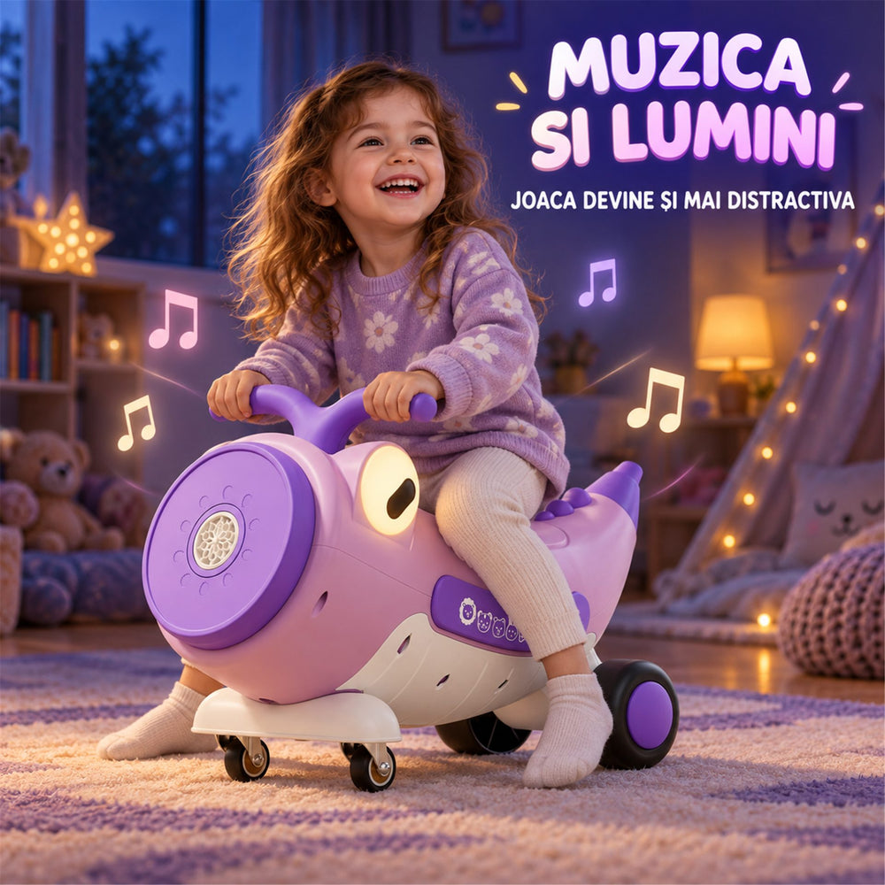 Masinuta Ride-On Pentru Copii, Cu Bule De Sapun, Roti 360°, Muzica si Lumini, Ghidon, 2-4 Ani, 65x65x57 cm, Mov