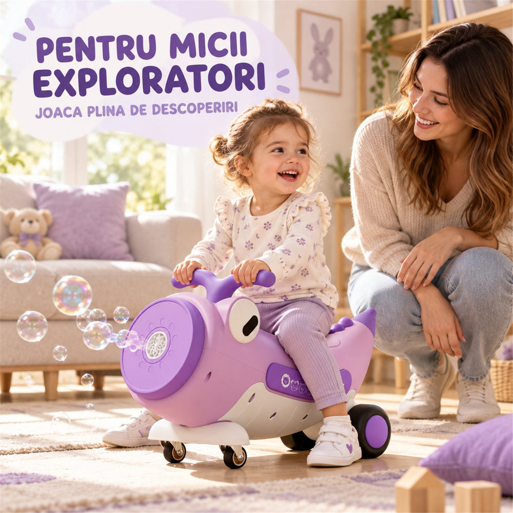 Masinuta Ride-On Pentru Copii, Cu Bule De Sapun, Roti 360°, Muzica si Lumini, Ghidon, 2-4 Ani, 65x65x57 cm, Mov
