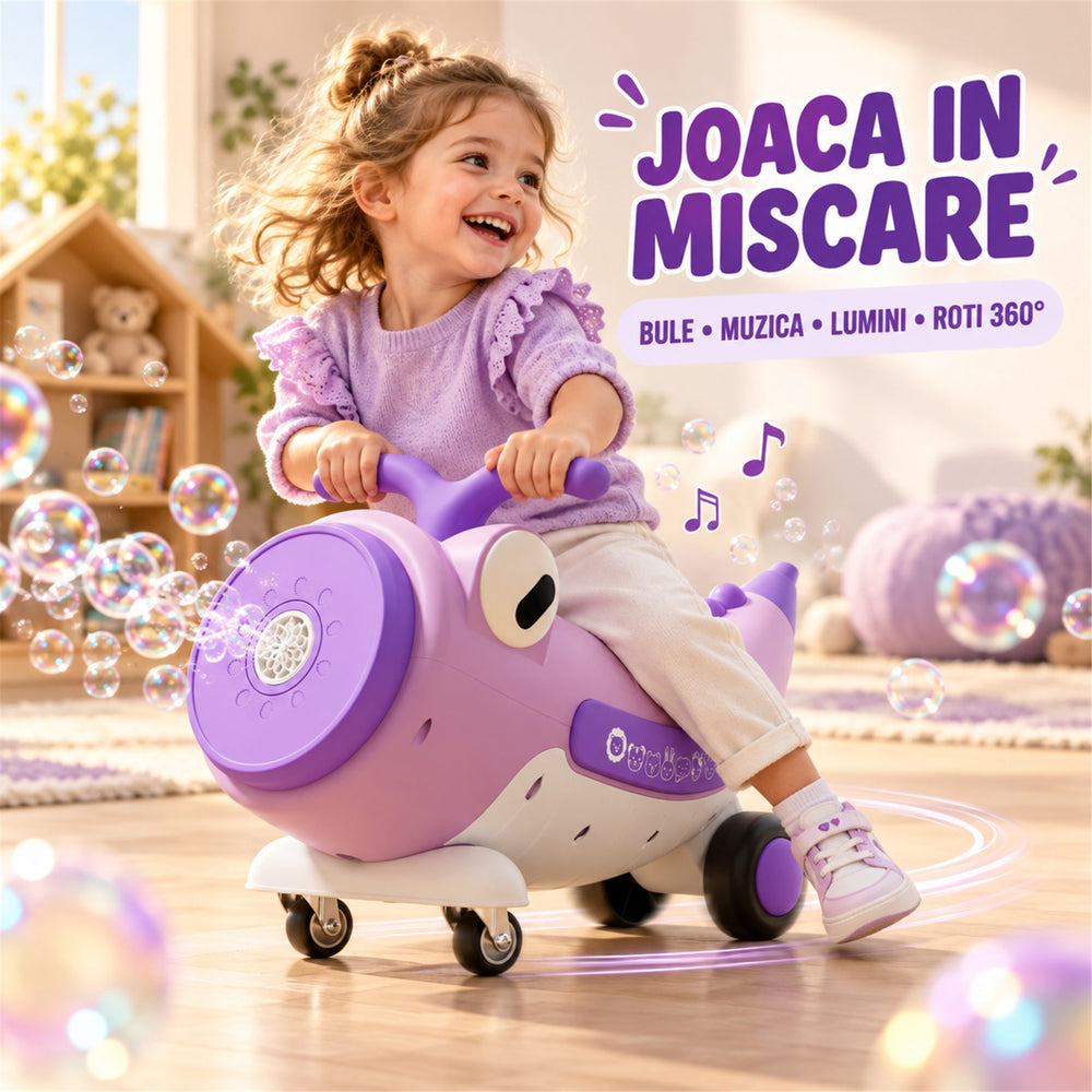 Masinuta Ride-On Pentru Copii, Cu Bule De Sapun, Roti 360°, Muzica si Lumini, Ghidon, 2-4 Ani, 65x65x57 cm, Mov