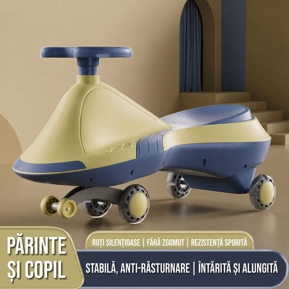 Masinuta Rotativa pentru Copii, Plastic ABS Rezistent, Varsta 3+ ani, Roti Silentioase, Anti-inclinare Laterala, Sunete si Lumini Colorate, 70 x 49 x 29 cm, Galbe/Albastru