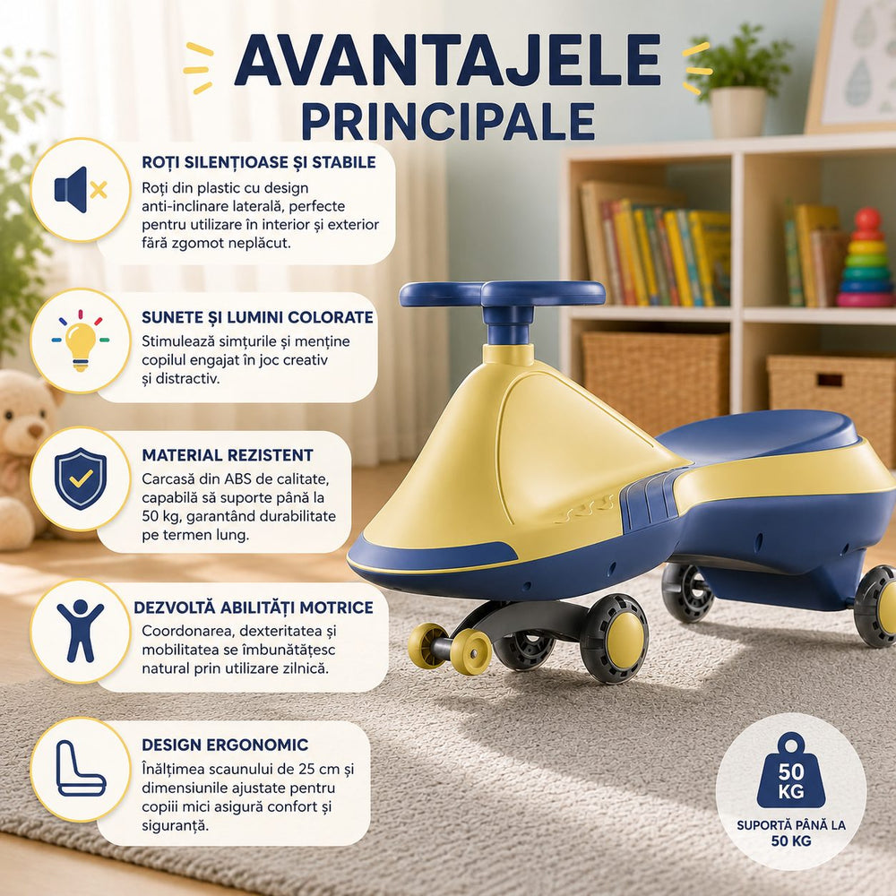 Masinuta Rotativa pentru Copii, Plastic ABS Rezistent, Varsta 3+ ani, Roti Silentioase, Anti-inclinare Laterala, Sunete si Lumini Colorate, 70 x 49 x 29 cm, Galbe/Albastru