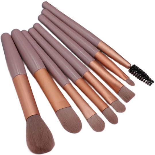 Mini Set Portabil 8 Pensule pentru Machiaj, Super Soft, Makeup Profesional/Incepatori, Maner Ergonomic, Gentuta Depozitare Inclusa, Maro