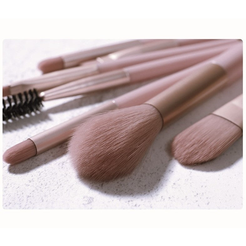 Mini Set Portabil 8 Pensule pentru Machiaj, Super Soft, Makeup Profesional/Incepatori, Maner Ergonomic, Gentuta Depozitare Inclusa, Maro