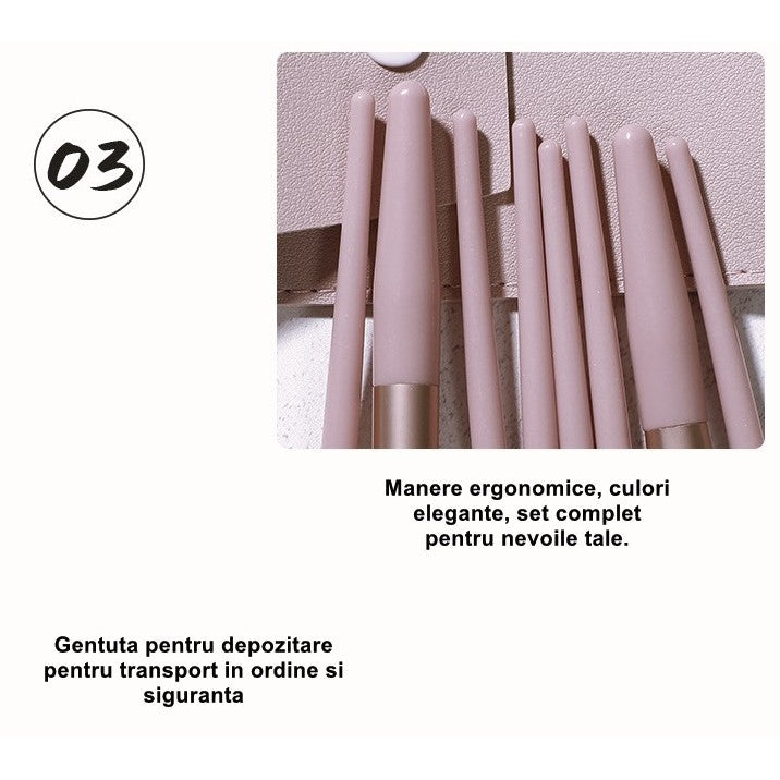 Mini Set Portabil 8 Pensule pentru Machiaj, Super Soft, Makeup Profesional/Incepatori, Maner Ergonomic, Gentuta Depozitare Inclusa, Maro