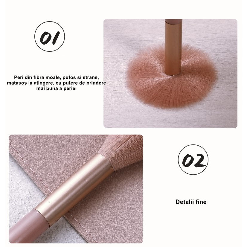 Mini Set Portabil 8 Pensule pentru Machiaj, Super Soft, Makeup Profesional/Incepatori, Maner Ergonomic, Gentuta Depozitare Inclusa, Maro
