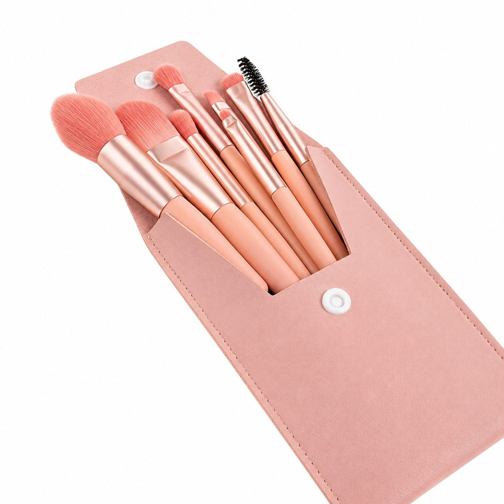 Mini Set Portabil cu 8 Pensule de Machiaj cu Husa cu Peri Moi și Densi, pentru Fond de Ten, Pudră, Blush, Fard și Sprâncene, Roz