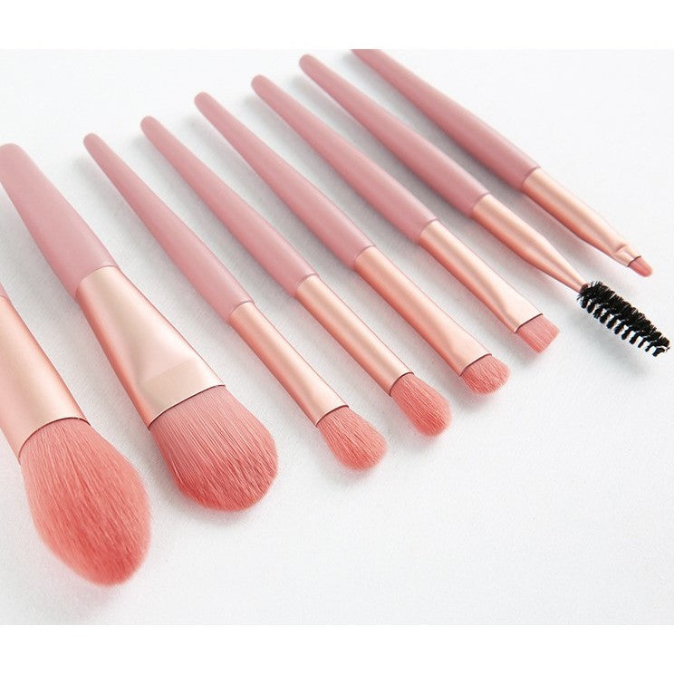 Mini Set Portabil cu 8 Pensule de Machiaj cu Husa cu Peri Moi și Densi, pentru Fond de Ten, Pudră, Blush, Fard și Sprâncene, Roz