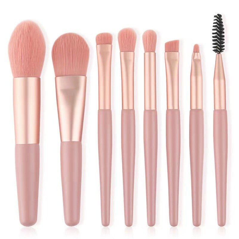 Mini Set Profesional 8 Pensule de Machiaj, cu Peri Moi și Densi, pentru Fond de Ten, Pudră, Blush, Fard și Sprâncene, Roz