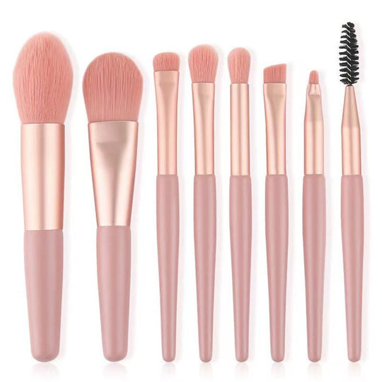Mini Set Profesional 8 Pensule de Machiaj, cu Peri Moi și Densi, pentru Fond de Ten, Pudră, Blush, Fard și Sprâncene, Roz