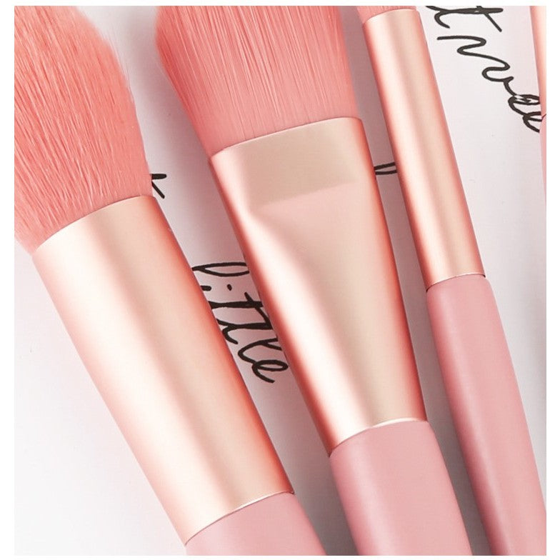 Mini Set Profesional 8 Pensule de Machiaj, cu Peri Moi și Densi, pentru Fond de Ten, Pudră, Blush, Fard și Sprâncene, Roz