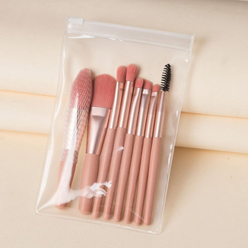 Mini Set Profesional 8 Pensule de Machiaj, cu Peri Moi și Densi, pentru Fond de Ten, Pudră, Blush, Fard și Sprâncene, Roz